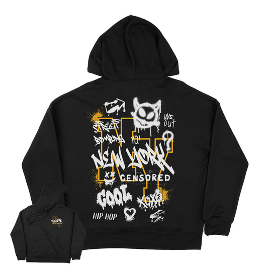 New York Graffiti Grunge Letter Slogan On Black Back Front Graphic Print Hoodie